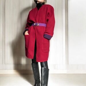 VTG 80s Coatigan Open Cardigan Reversible Knit Boxy Large Shoulder Red Purple 10